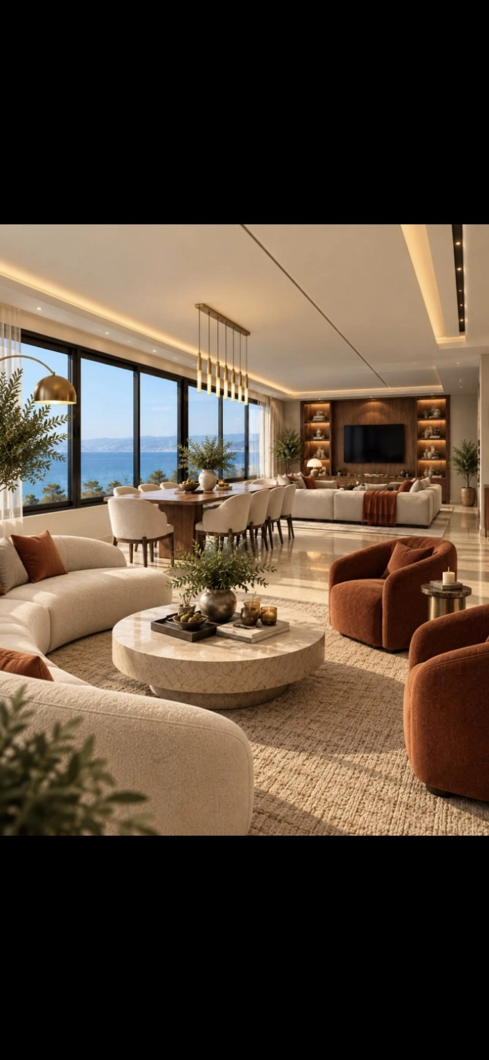 Warm contemporary living and dining room with sea views