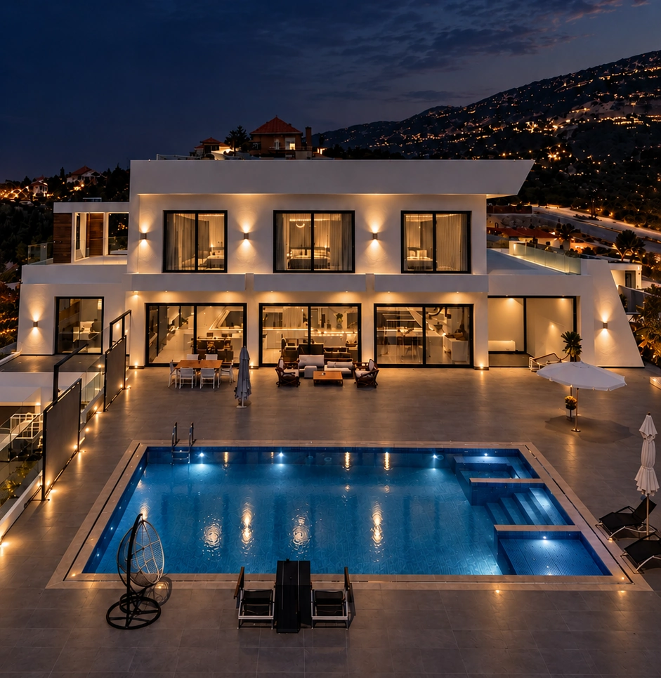 Luxury private villa with illuminated swimming pool