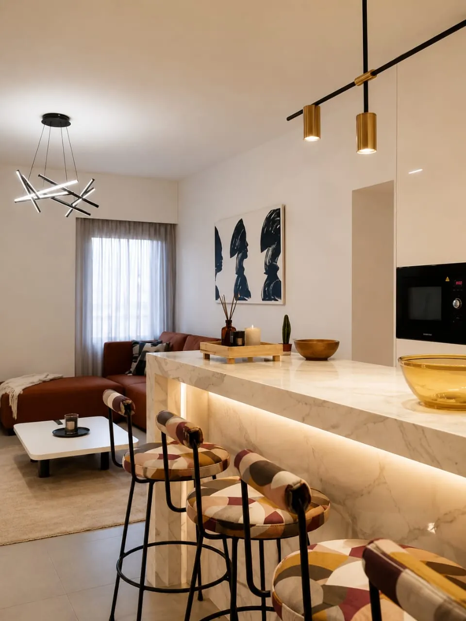 Open living area with marble breakfast bar